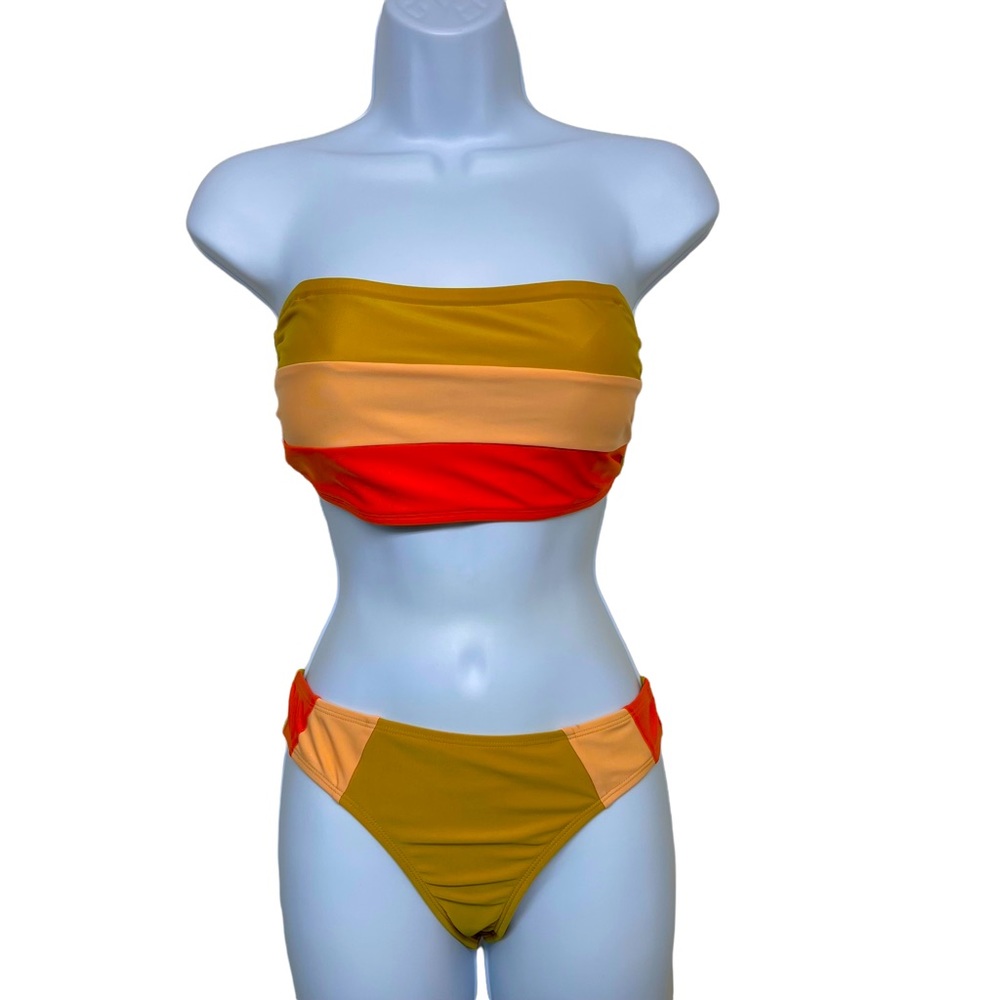 AERO Bikini Bright Color Block Gold Peach Orange Strapless Two Piece Sz M